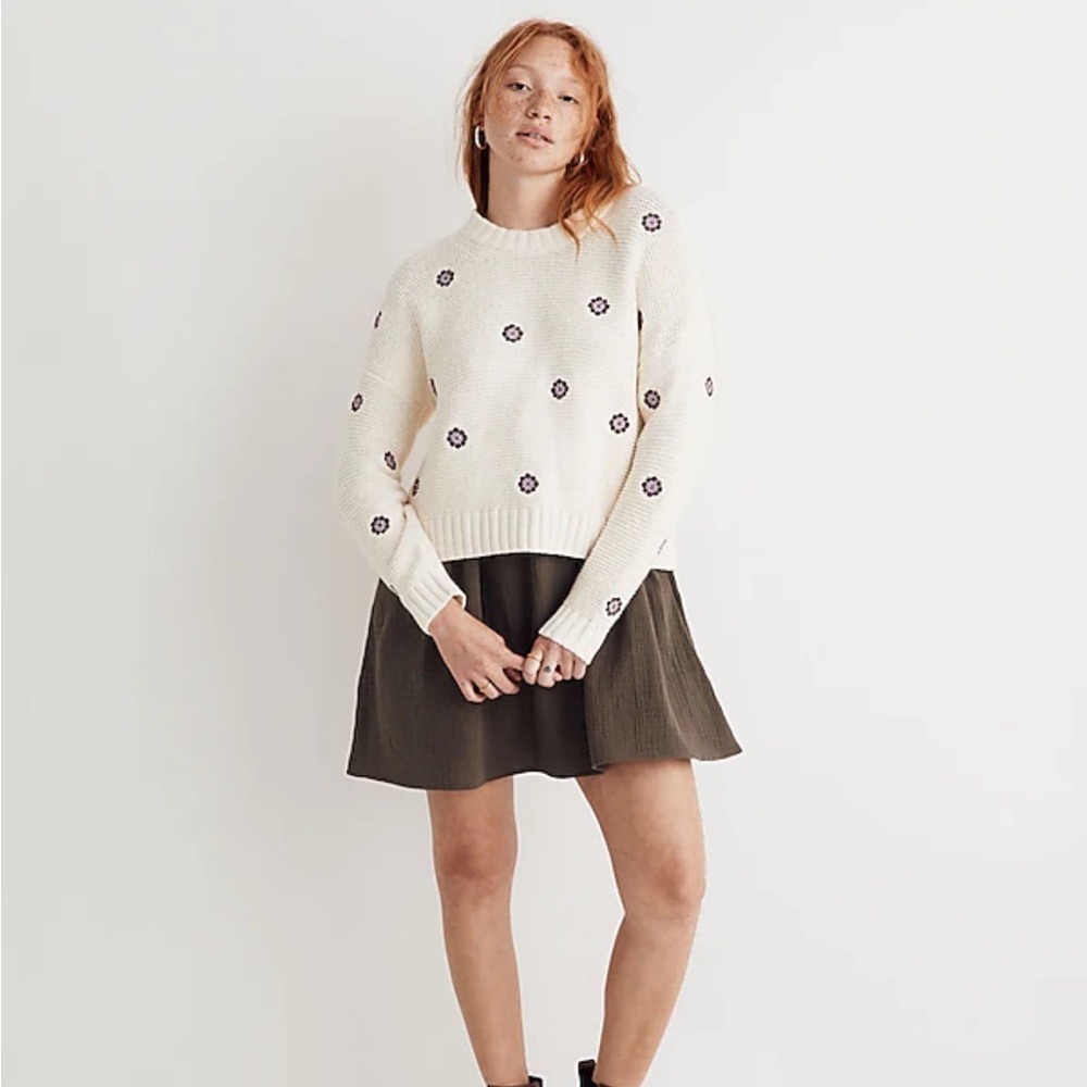 Madewell cream medallion embroidered pullover sweater